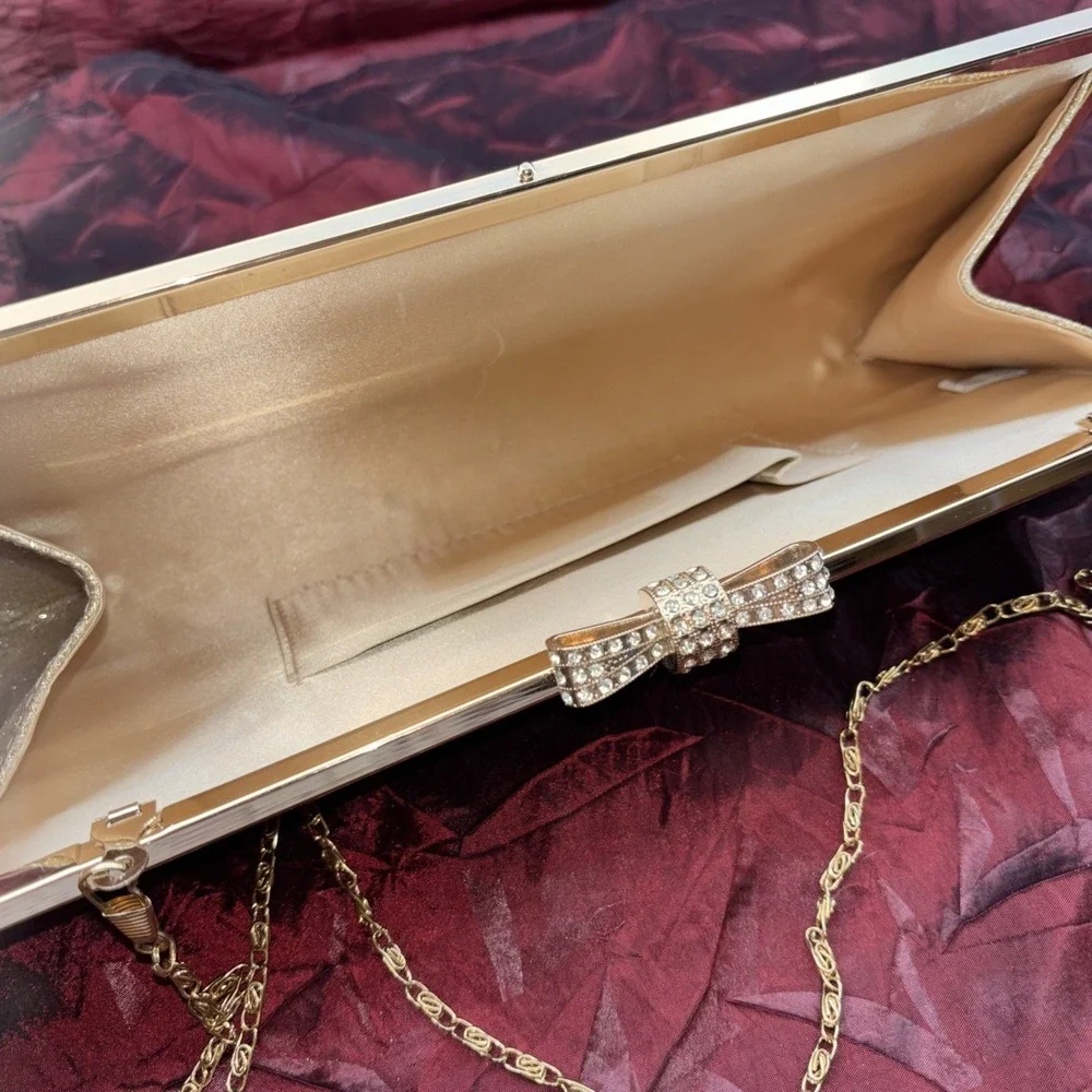 Gold Metallic Glitter Frame Crossbody Clutch Evening Bag Rhinestone Bow Clasp EC